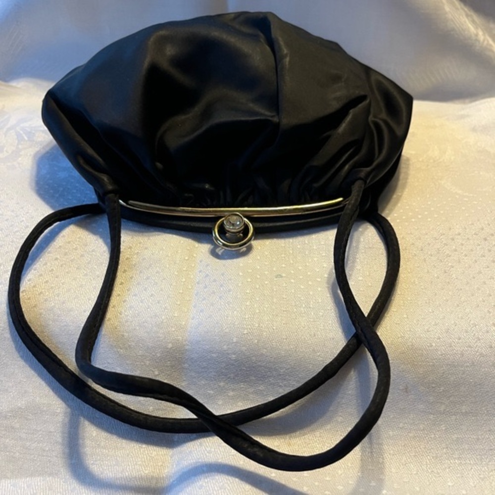 Vintage MM Faille Black Bag-Double Strap Handle and Rhinestone Clasp